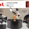T-fal Cook & Strain Nonstick Cookware Set, 14 piece Set, Black, Dishwasher Safe
