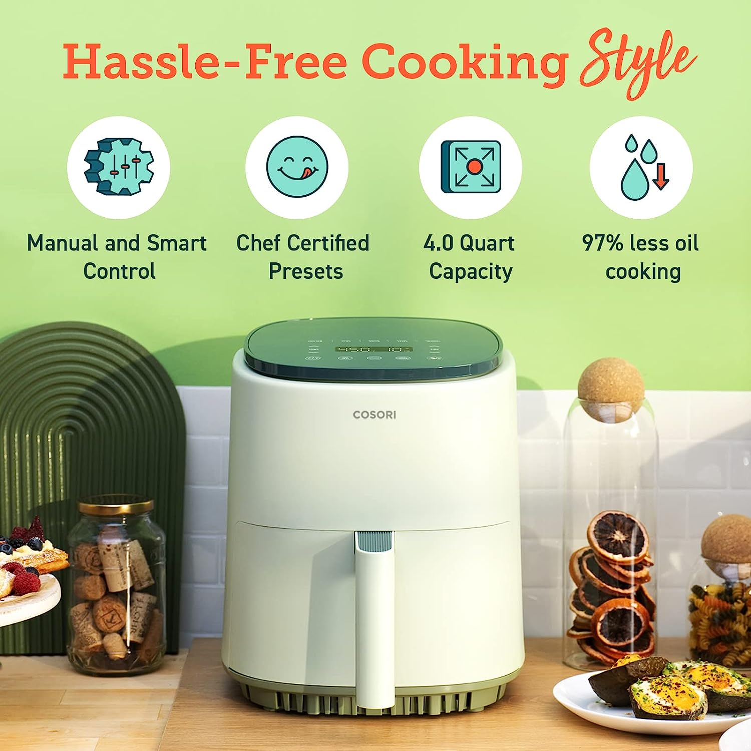 COSORI Air Fryer 4 Qt, 7 Cooking Functions Airfryer, 150+ Recipes on Free  App, 97% less fat Freidora de Aire, Dishwasher-safe, Designed for 1-3  People, Lite 4.0-Quart Smart Air Fryer, Sage Green –