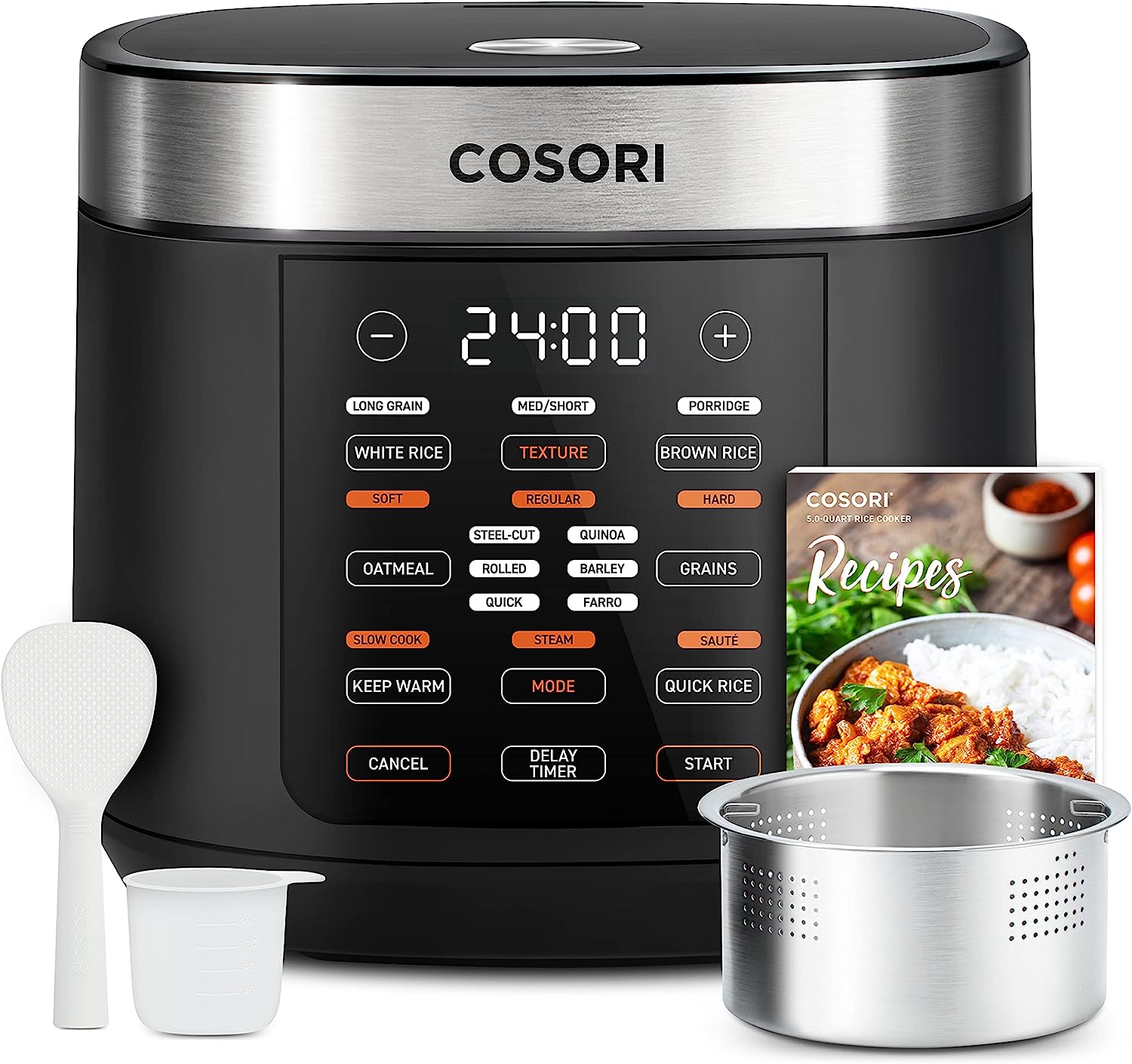 COSORI Rice Cooker Large Maker 10 Cup Uncooked 18 Functions, Japanese Style  Fuzzy Logic Micom Technology, Texture Optional, 50 Recipes, Stainless Steel  Steamer, Warmer, Timer, Olla Arrocera Electrica,Black –
