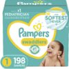 Diapers Size 1/Newborn, 198 Count - Pampers Swaddlers Disposable Baby Diapers (Packaging & Prints May Vary)
