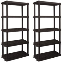 Hyper Tough 74" H x 18" D x 36" W 5 Shelf Plastic Garage Shelves, Pack of 2 Storage Shelving, Black 750 lbs Capacity