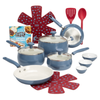 Tasty Clean Ceramic 16 Piece Non-Stick Aluminum Cookware Set, Slate Blue