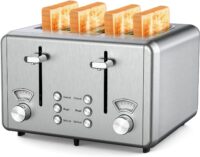 WHALL 4 Slice Toaster Stainless Steel,Toaster-6 Bread Shade Settings,Bagel Defrost Cancel Function with Dual Control Panels