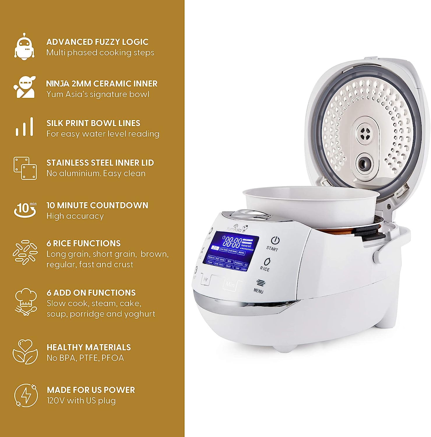 Yum Asia Sakura Rice Cooker with Ceramic Bowl and Advanced Fuzzy Logic (8  Cup, 1.5 Litre) 6 Rice Cook Functions, 6 Multicook Functions, Motouch LED  Display, 120V Power (White and Siver) –
