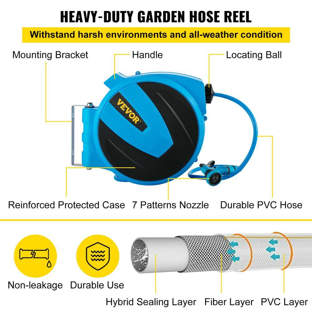 VEVOR SSS90FT58INCHXW0AV0 Retractable Hose Reel 5/8 in. x 90 ft. Wall  Mounted Garden Hose Reel with Swivel Bracket and 7 Pattern Nozzle Water Hose  –