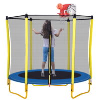 EUROCO 220LBS 5.5FT Trampoline for Kids - 65" Outdoor & Indoor Mini Toddler Trampoline with Enclosure, Basketball Hoop and Ball Included