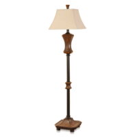 Archer Traditional Floor Lamp with a Square Bell Shade - Brown With Black Nailheads Finish - Light Oatmeal with Trim Fabric