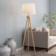 Lavish Home Tripod Floor Lamp with LED Bulb and Natural Oak Wood Base