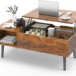 Sweetcrispy Coffee Table, Lift Top Coffee Tables for Living Room,Rising Tabletop Wood Dining Center Tables with Storage Shelf and Hidden Compartment, Retro Brown