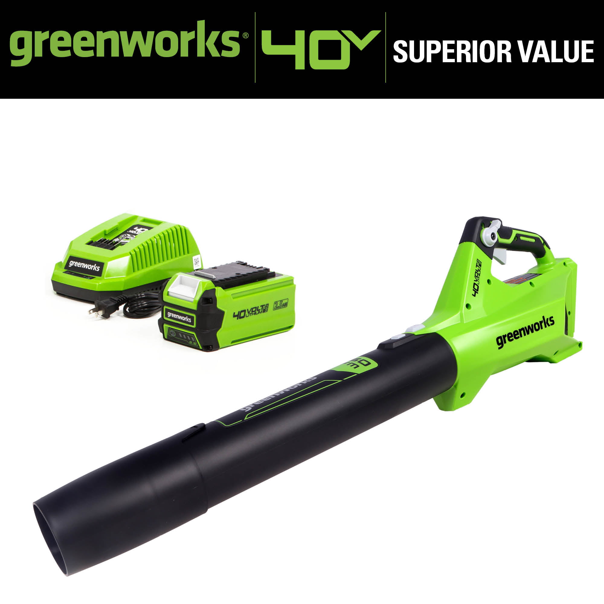 Greenworks 40V (120 mph / 450 cfm) Axial Blower, 2.5Ah Battery and Charger  –