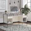 Ameriwood Home Covington Modern Desk with Fluted Glass Top, 2 Drawers and Storage, Plaster