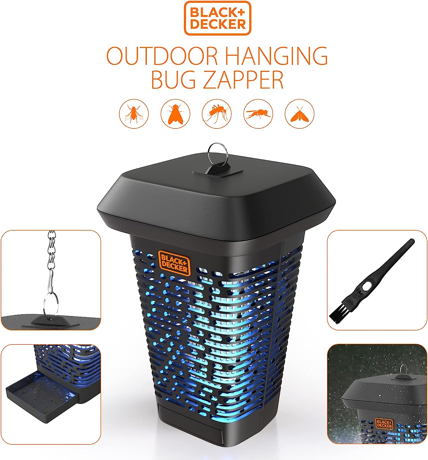 BLACK+DECKER Bug Zapper Electric Lantern with Insect Tray, Cleaning Brush,  Light Bulb & Waterproof Design for Indoor & Outdoor Flies, Gnats 