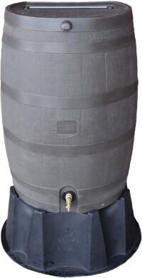 RTS Home Accents 551000901A5681 Polyethylene 50 US Gallon Flat Back Rain Barrel with Stand, Walnut