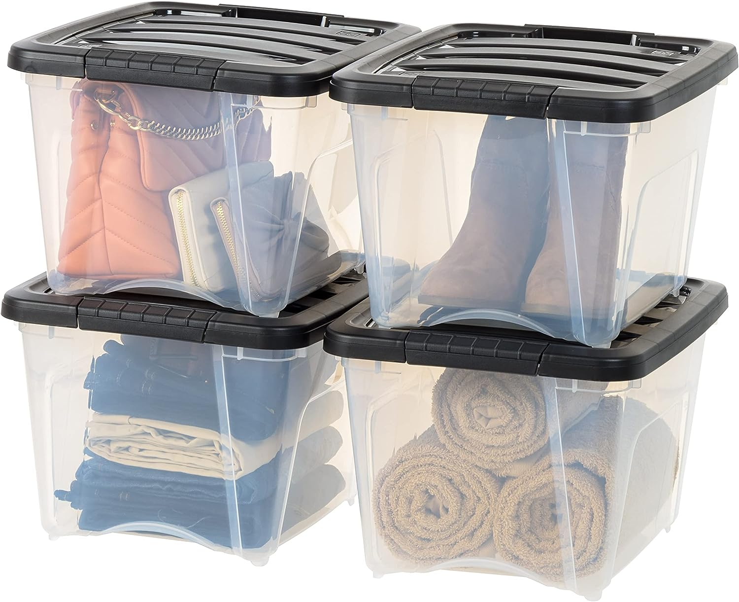 Iris USA 4 Pack 32qt Clear View Plastic Storage Bin with Lid and Secure Latching Buckles