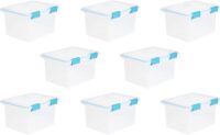 Sterilite Large 32 Quart Multipurpose Clear Plastic Storage Container Tote with Latching Lid for Home and Office Organization, (8 Pack)