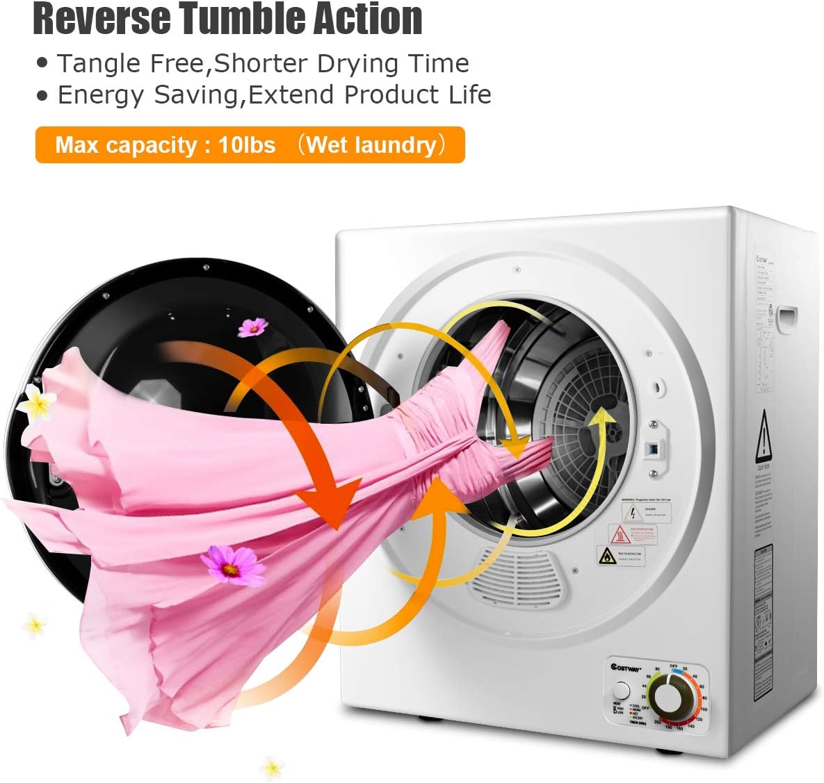 Compact Electric Tumble Laundry Dryer with Stainless Steel Tub-White