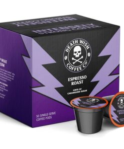 Death Wish Coffee Co. Espresso Roast Single Serve Coffee Pods - Extra Kick of Caffeine - Fair Trade and Organic Coffee (50 Count) - 1