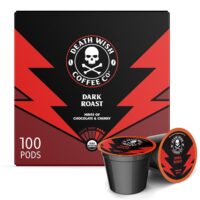 Death Wish Coffee - Single Serve Pods - Dark Roast Coffee Pods - Made with USDA Certified Organic - Extra Kick of Caffeine (Dark Roast, 100 Count (Pack of 1)) - 1