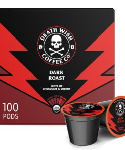 Death Wish Coffee - Single Serve Pods - Dark Roast Coffee Pods - Made with USDA Certified Organic - Extra Kick of Caffeine (Dark Roast, 100 Count (Pack of 1)) - 1