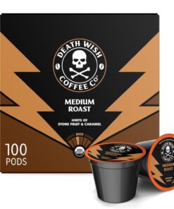Death Wish Coffee - Single Serve Pods - Dark Roast Coffee Pods - Made with USDA Certified Organic - Extra Kick of Caffeine (Medium Roast, 100 Count) - 1
