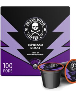 Death Wish Coffee - Single Serve Pods - Dark Roast Coffee Pods - Made with USDA Certified Organic - Extra Kick of Caffeine (Espresso Roast, 100 Count) - 1