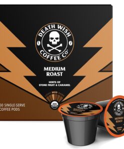 Death Wish Coffee Co. Medium Roast Single Serve Pods - Extra Kick of Caffeine - Lighter Blend of Bold Arabica & Robusta Beans - USDA Organic Bold Full Body Roast for a Day Lift (50 Count) - 1