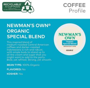 Newman's Own Organics, Special Blend, Single-Serve Keurig K-Cup Pods, Medium Roast, 120 Count (5 Boxes of 24 Pods)