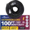 100ft Power Extension Cord Outdoor & Indoor - Waterproof Electric Drop Cord Cable - 3 Prong SJTW, 14 Gauge, 13 AMP, 125 Volts, 1625 Watts