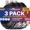 75ft Power Extension Cord Outdoor & Indoor - Waterproof Electric Drop Cord Cable - 3 Prong SJTW, 14 Gauge, 13 AMP, 125 Volts, 1625 Watts, 14/3 - ETL Listed by LifeSupplyUSA - Black (3 Pack)