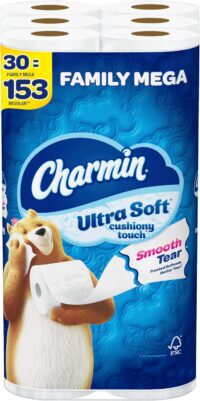 Charmin Toilet Paper Ultra Soft Cushiony Touch, 30 Family Mega Rolls = 153 Regular Rolls