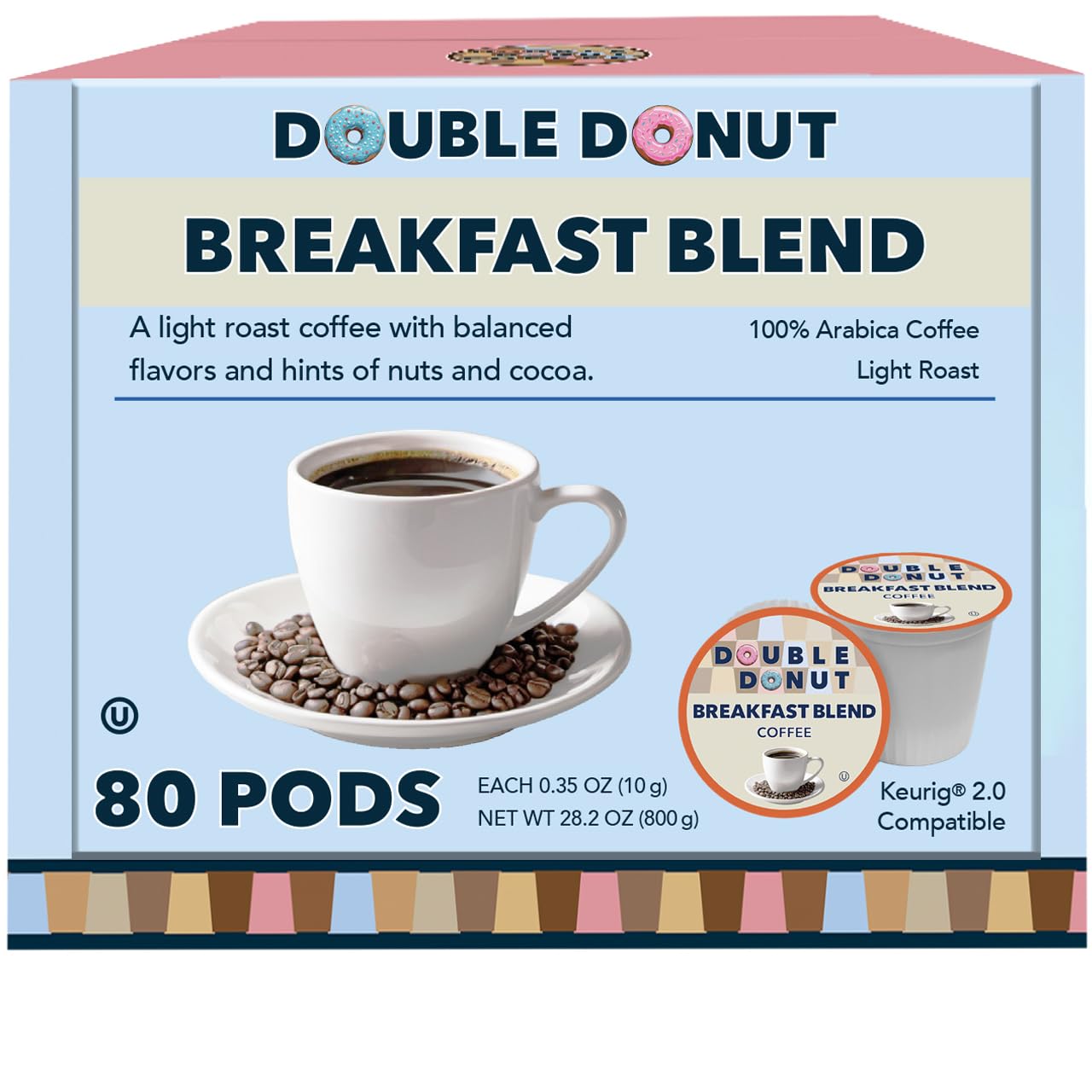 Double Donut Coffee Breakfast Blend Coffee Pods, Light Roast Coffee in Recyclable Single-Serve Pods for Keurig K Cups Brewer Machines, 80 Count Bulk Pack Double Donut Coffee Breakfast Blend Coffee Pods, Light Roast Coffee in Recyclable Single-Serve Pods for Keurig K Cups Brewer Machines, 80 Count Bulk Pack