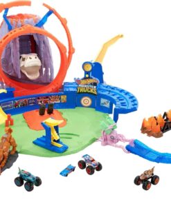 Hot Wheels Monster Trucks T-Rex Volcano Playset with 1:64 Scale Race Ace Toy Truck & 1 Toy Car, Track Set with Dinosaur Nemesis