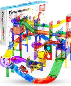 PicassoTiles 108pc 3-in-1 Marble Run Car Race Track Combo Magnetic Tiles PicassoToys Magnet Building Block Educational Construction Toy Playset