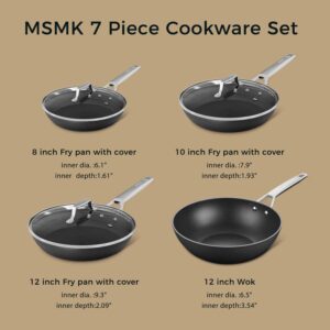 MSMK Non Stick Pans Set 7-Piece, 8, 10, 12 Inch Frying Pans and 12 Inch Induction Wok with Tempered Glass Lids