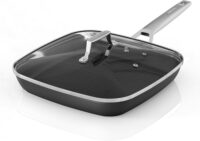 MsMk Square Grill Pan with Lid, 9.5 Inch Titanium and Ceramic Nonstick Grilling Skillet Pan