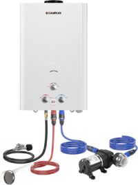 CAMPLUX 4.22GPM Propane Water Heater with 3.3 GPM Water Pump & Pipe Strainer, 110,000BTU Tankless Outdoor Water Heater, BW422P120