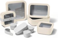 Caraway 14pc Glass Food Storage Container Set - Easy to Store, Non Toxic Lunch Box - with Glass Lids - Includes Storage Organizer & Dot & Dash Inserts - Cream