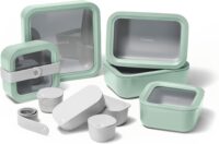 Caraway 14pc Glass Food Storage Container Set - Easy to Store, Non Toxic Lunch Box - with Glass Lids - Includes Storage Organizer & Dot & Dash Inserts - Mist