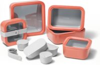 Caraway 14pc Glass Food Storage Container Set - Easy to Store, Non Toxic Lunch Box - with Glass Lids - Includes Storage Organizer & Dot & Dash Inserts - Perracotta