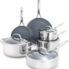 GreenPan Valencia Pro Stainless Steel 10 Piece Cookware Pots and Pans Set, Induction Suitable Mirrored Tri-Ply, Ceramic Nonstick PFAS-Free PFOA-Free Coating, Multi Clad, Dishwasher Oven & Broiler Safe