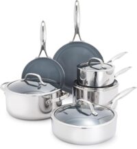 GreenPan Valencia Pro Stainless Steel 10 Piece Cookware Pots and Pans Set, Induction Suitable Mirrored Tri-Ply, Ceramic Nonstick PFAS-Free PFOA-Free Coating, Multi Clad, Dishwasher Oven & Broiler Safe
