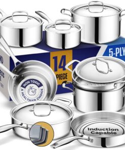 LEGEND COOKWARE Stainless Steel Cookware Set | 5 Ply 14-Piece Pot and Pan Set Induction Compatible, Non-Toxic | Best Heavy Duty 18/8 Full Clad Construction | Oven Safe Even Heating PFOA PTFE PFOS Free