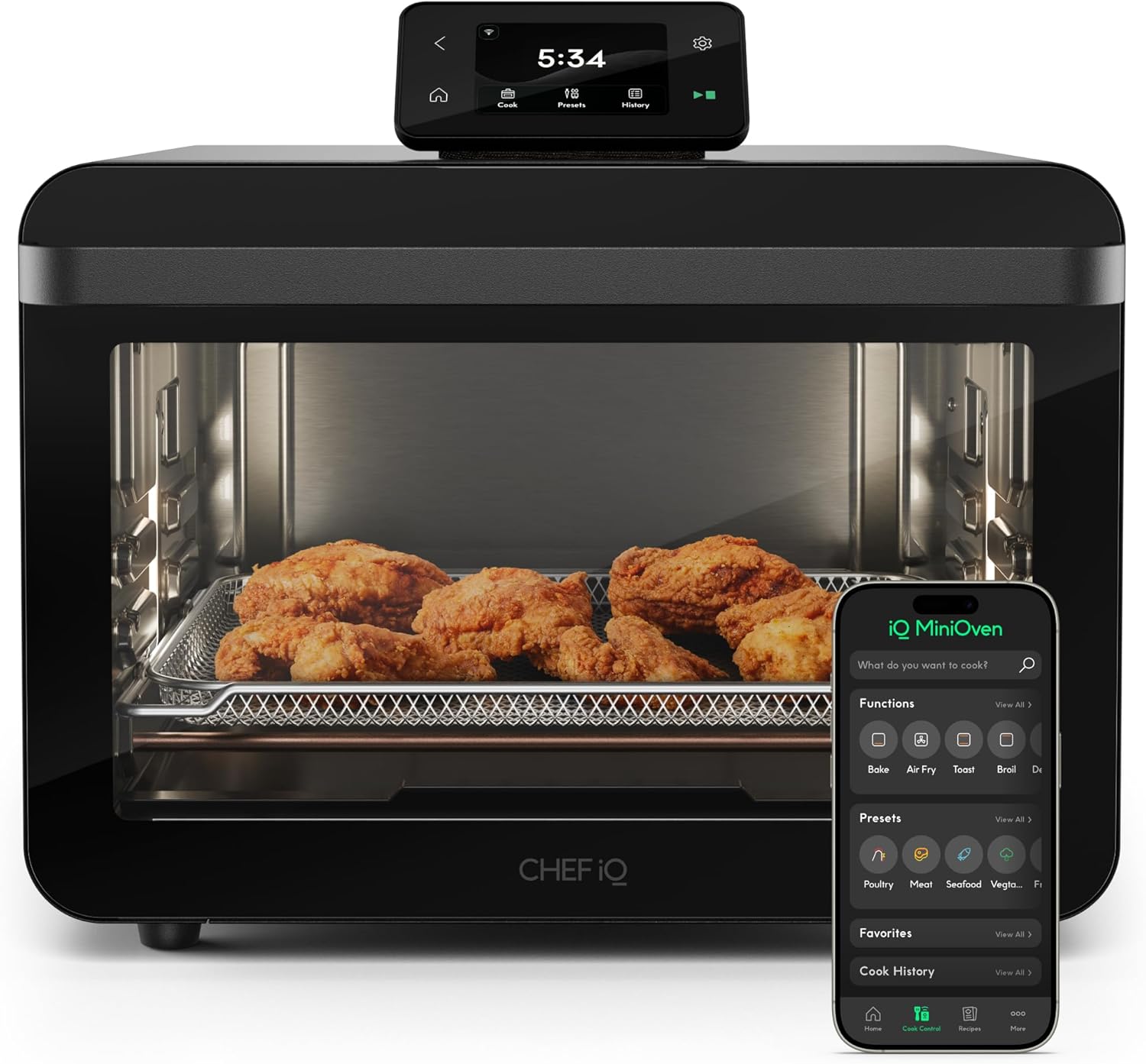 CHEF iQ MiniOven Smart Toaster Oven Air Fryer Combo, 11-in-1 Countertop Convection Oven, Bake, Broil, Air Fry, Broil, Dehydrate, 1750W, 25 Qt Capacity, Fast Cooking with Touchscreen Controls – Black CHEF iQ MiniOven Smart Toaster Oven Air Fryer Combo, 11-in-1 Countertop Convection Oven, Bake, Broil, Air Fry, Broil, Dehydrate, 1750W, 25 Qt Capacity, Fast Cooking with Touchscreen Controls – Black