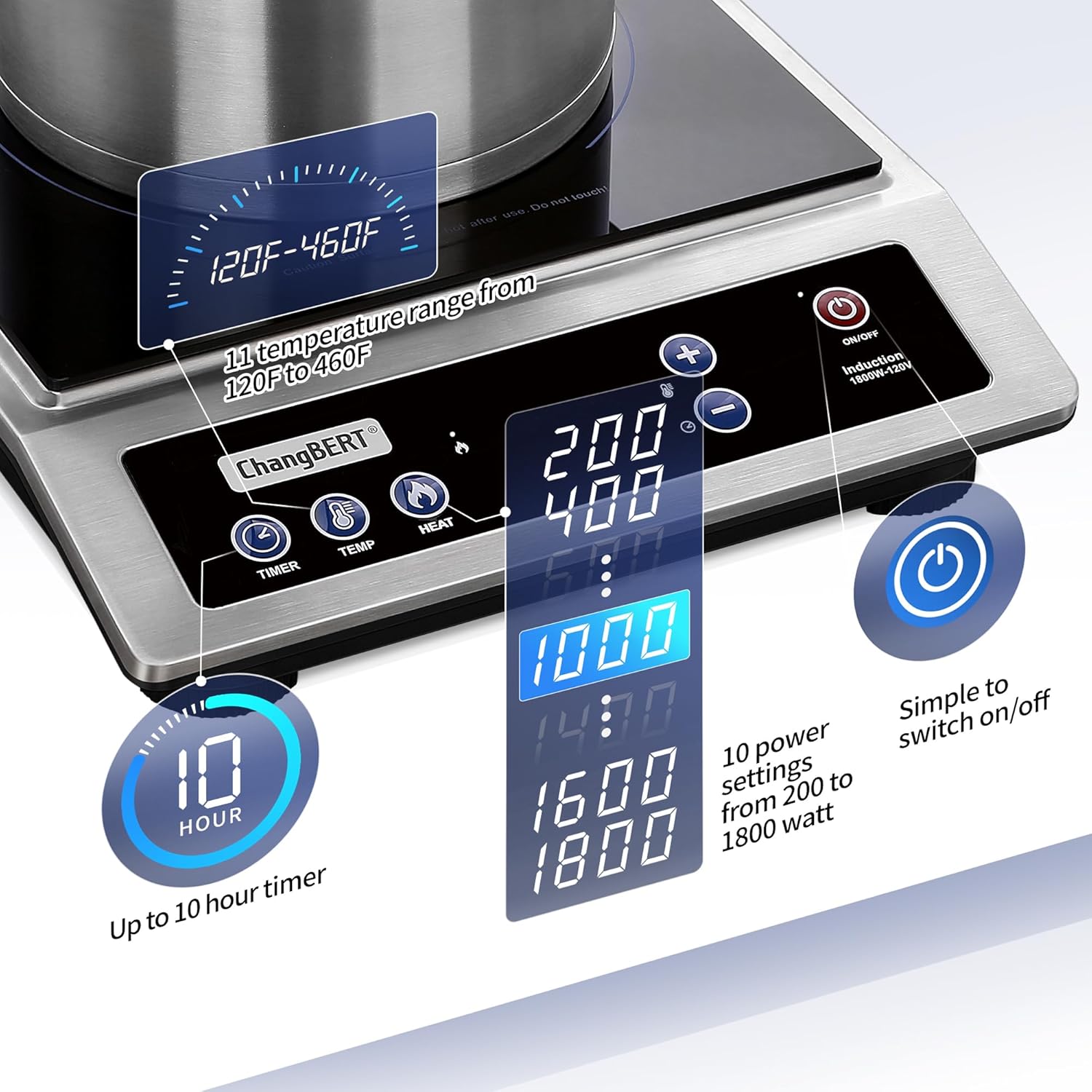 ChangBERT Induction Cooktop, Commercial Grade Portable Cooker, Large 8” Heating Coil, Premium Stainless Steel Countertop Burner with NSF Certified, 10 Hours Timer Powerful 1800W Professional Hot Plate1 ChangBERT Induction Cooktop, Commercial Grade Portable Cooker, Large 8” Heating Coil, Premium Stainless Steel Countertop Burner with NSF Certified, 10 Hours Timer Powerful 1800W Professional Hot Plate