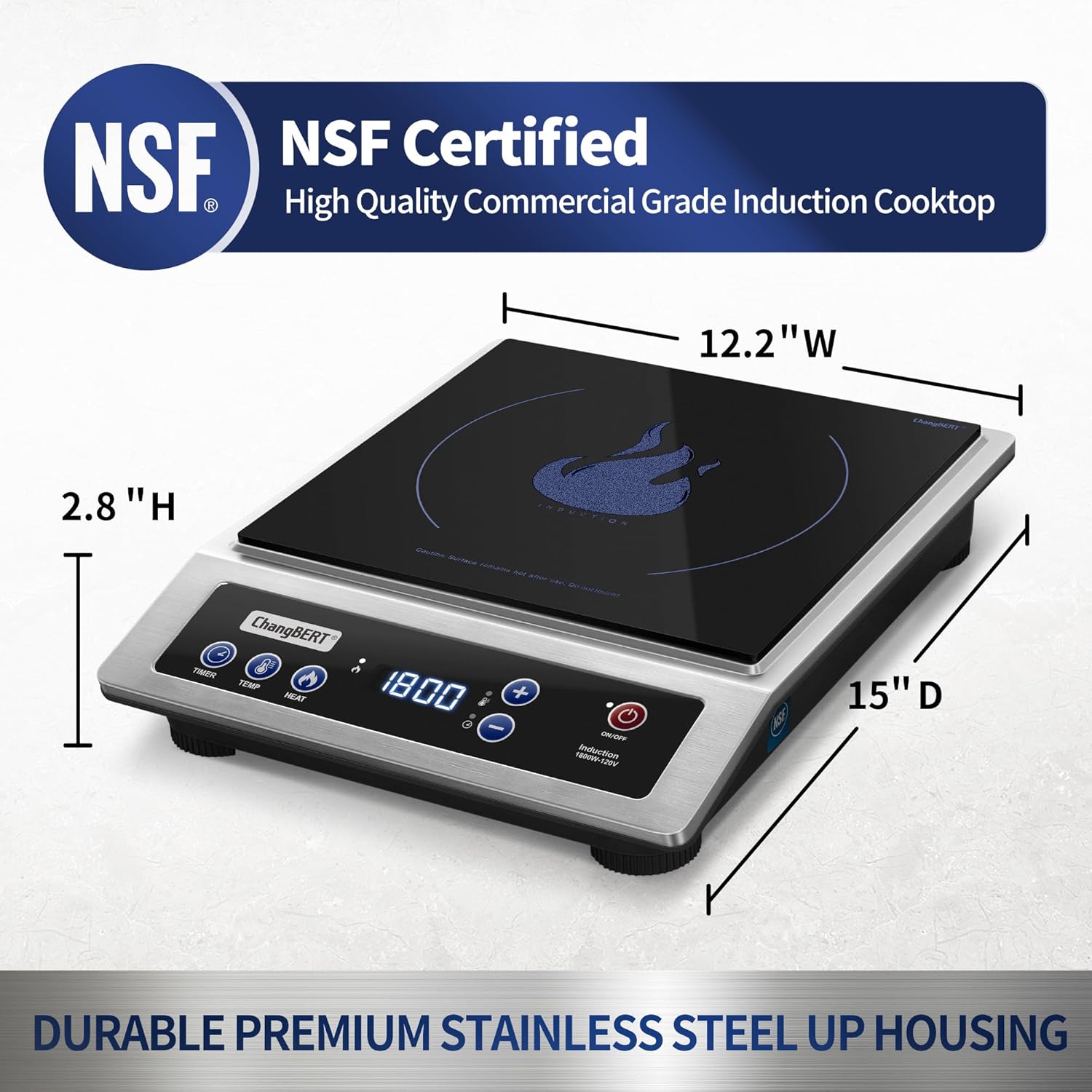 ChangBERT Induction Cooktop, Commercial Grade Portable Cooker, Large 8” Heating Coil, Premium Stainless Steel Countertop Burner with NSF Certified, 10 Hours Timer Powerful 1800W Professional Hot Plate2 ChangBERT Induction Cooktop, Commercial Grade Portable Cooker, Large 8” Heating Coil, Premium Stainless Steel Countertop Burner with NSF Certified, 10 Hours Timer Powerful 1800W Professional Hot Plate