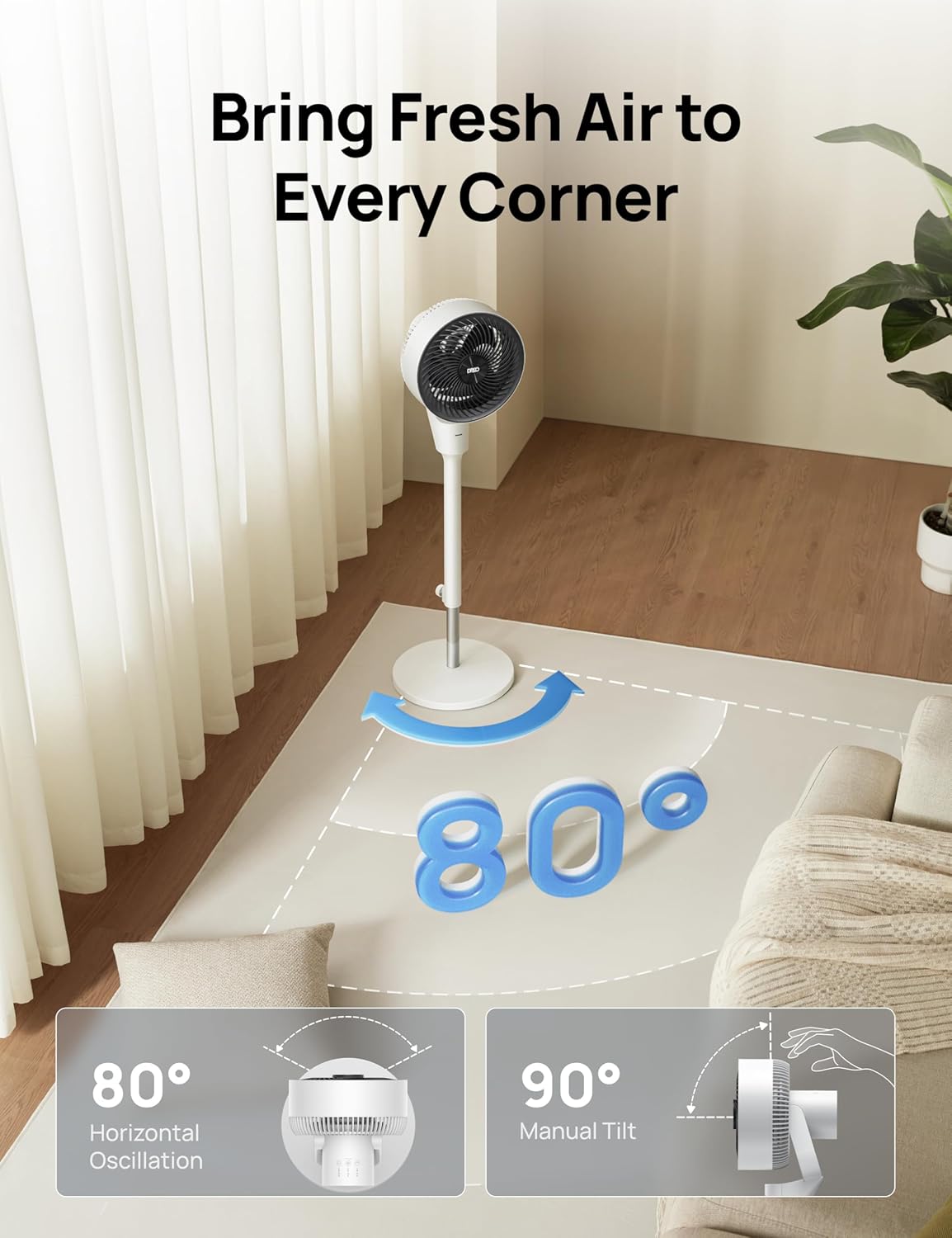 Dreo Fan for Bedroom, 80° Oscillating Standing Fan, 25dB Quiet, 80ft Pedestal Fans for Home Office, 90° Manual Vertical, 3 Speeds, Remote, 34-41 Adjustable Height, Air Circulator, White8 Dreo Fan for Bedroom, 80° Oscillating Standing Fan, 25dB Quiet, 80ft Pedestal Fans for Home Office, 90° Manual Vertical, 3 Speeds, Remote, 34-41" Adjustable Height, Air Circulator, White