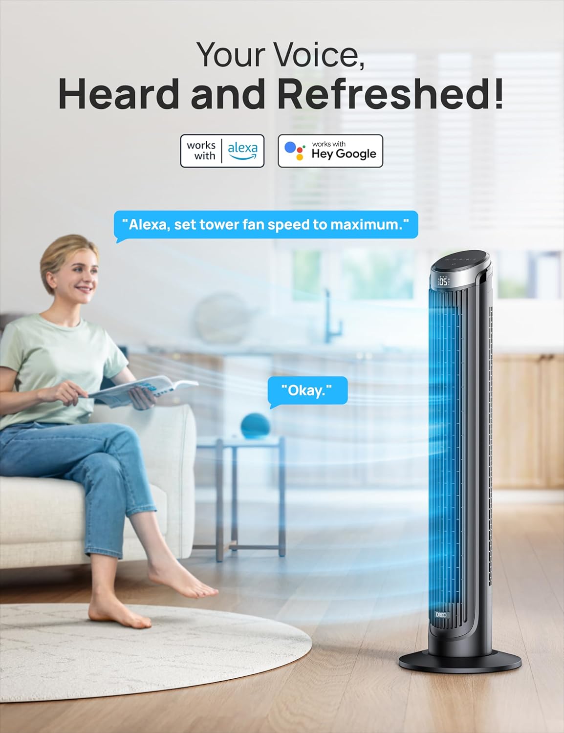 Dreo Smart Tower Fan for Bedroom, 90° Oscillating 40 Standing Fan, 26ft s High-Speed 5 Speeds 4 Modes, Quiet Room Floor Fans, Touch Remote APP & Voice Control, Work with Alexa, 12H Timer, Silver13 Dreo Smart Tower Fan for Bedroom, 90° Oscillating 40" Standing Fan, 26ft/s High-Speed 5 Speeds 4 Modes, Quiet Room Floor Fans, Touch/Remote/APP & Voice Control, Work with Alexa, 12H Timer, Silver