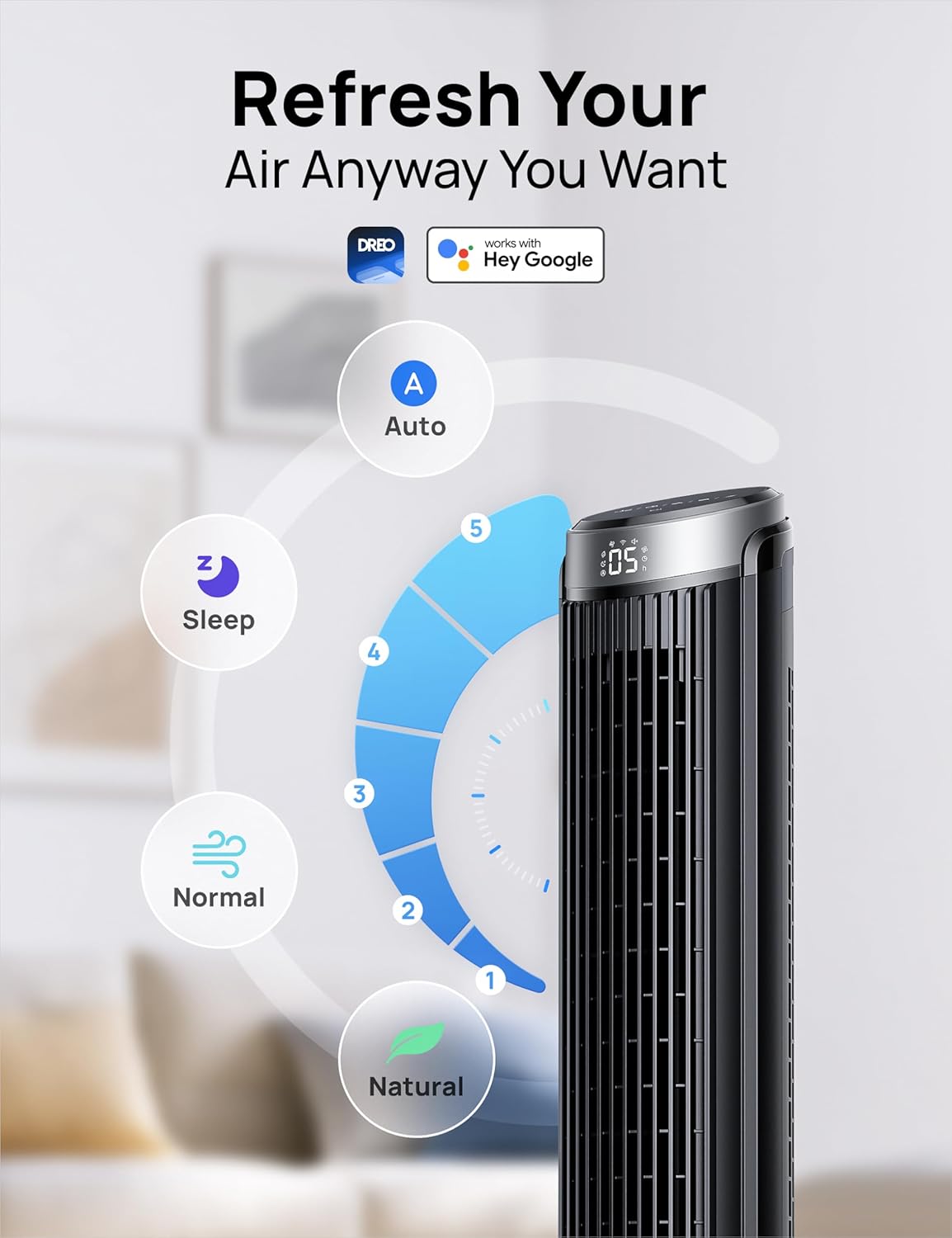 Dreo Smart Tower Fan for Bedroom, 90° Oscillating 40 Standing Fan, 26ft s High-Speed 5 Speeds 4 Modes, Quiet Room Floor Fans, Touch Remote APP & Voice Control, Work with Alexa, 12H Timer, Silver4 Dreo Smart Tower Fan for Bedroom, 90° Oscillating 40" Standing Fan, 26ft/s High-Speed 5 Speeds 4 Modes, Quiet Room Floor Fans, Touch/Remote/APP & Voice Control, Work with Alexa, 12H Timer, Silver
