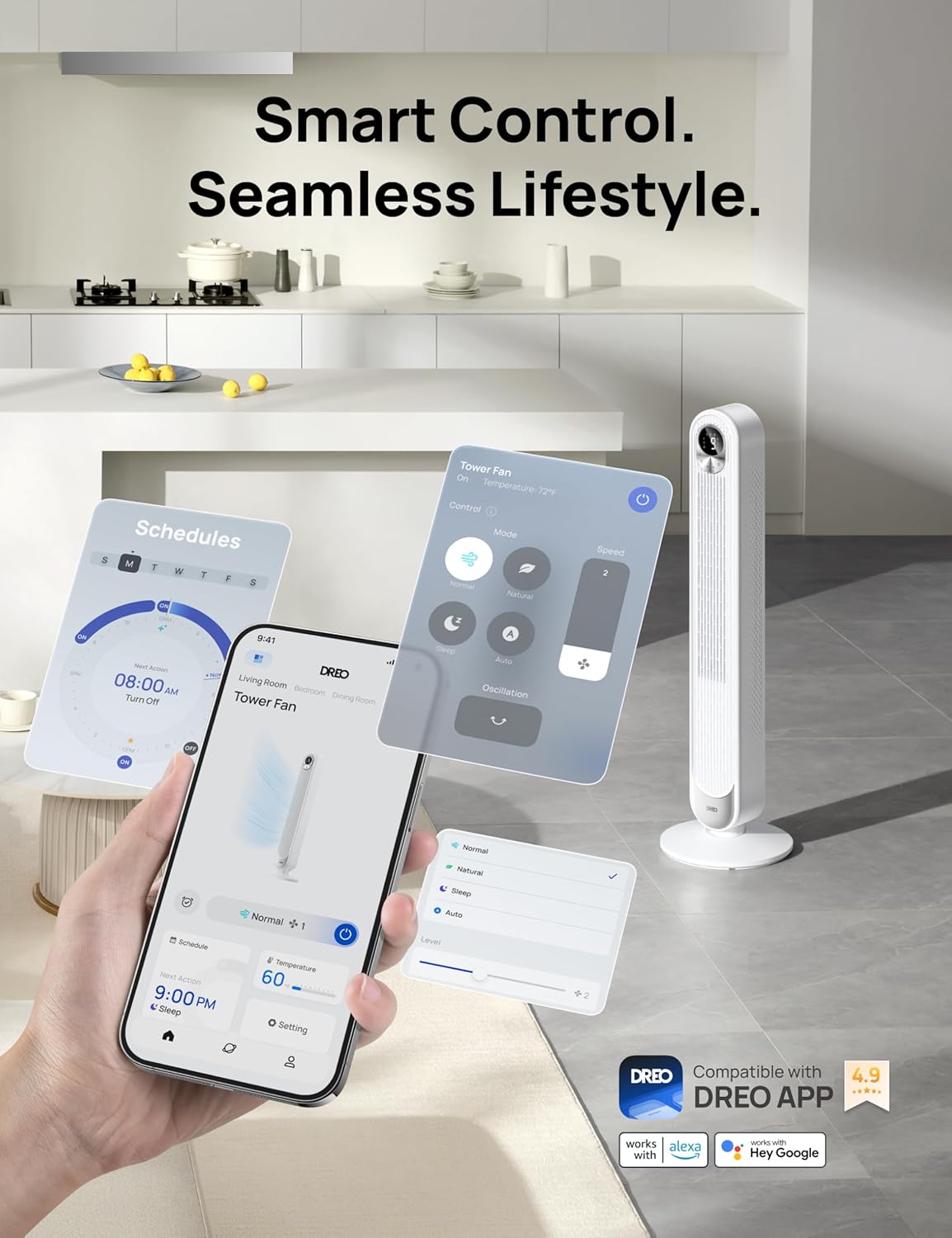 Dreo Smart Tower Fan for Bedroom, Floor Standing Bladeless Oscillating Fan with Remote, 9 Speeds, 4 Modes, 12H Timer, for Indoor Bedroom Home Office, WiFi Voice Control, Cruiser TF518S26 Dreo Smart Tower Fan for Bedroom, Floor Standing Bladeless Oscillating Fan with Remote, 9 Speeds, 4 Modes, 12H Timer, for Indoor Bedroom Home Office, WiFi Voice Control, Cruiser TF518S