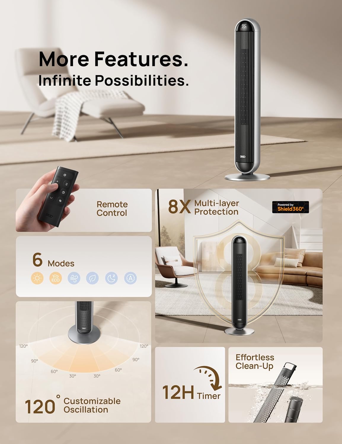 Dreo Tower Fan and Heater Combo, 29.2ft s Standing Fans for Bedroom, 17 Levels, 6 Modes, 120° Oscillation, 42 Inch, 12H Timer, 25dB Quiet, with Remote, for Office, Large Room, Silver0 Dreo Tower Fan and Heater Combo, 29.2ft/s Standing Fans for Bedroom, 17 Levels, 6 Modes, 120° Oscillation, 42 Inch, 12H Timer, 25dB Quiet, with Remote, for Office, Large Room, Silver